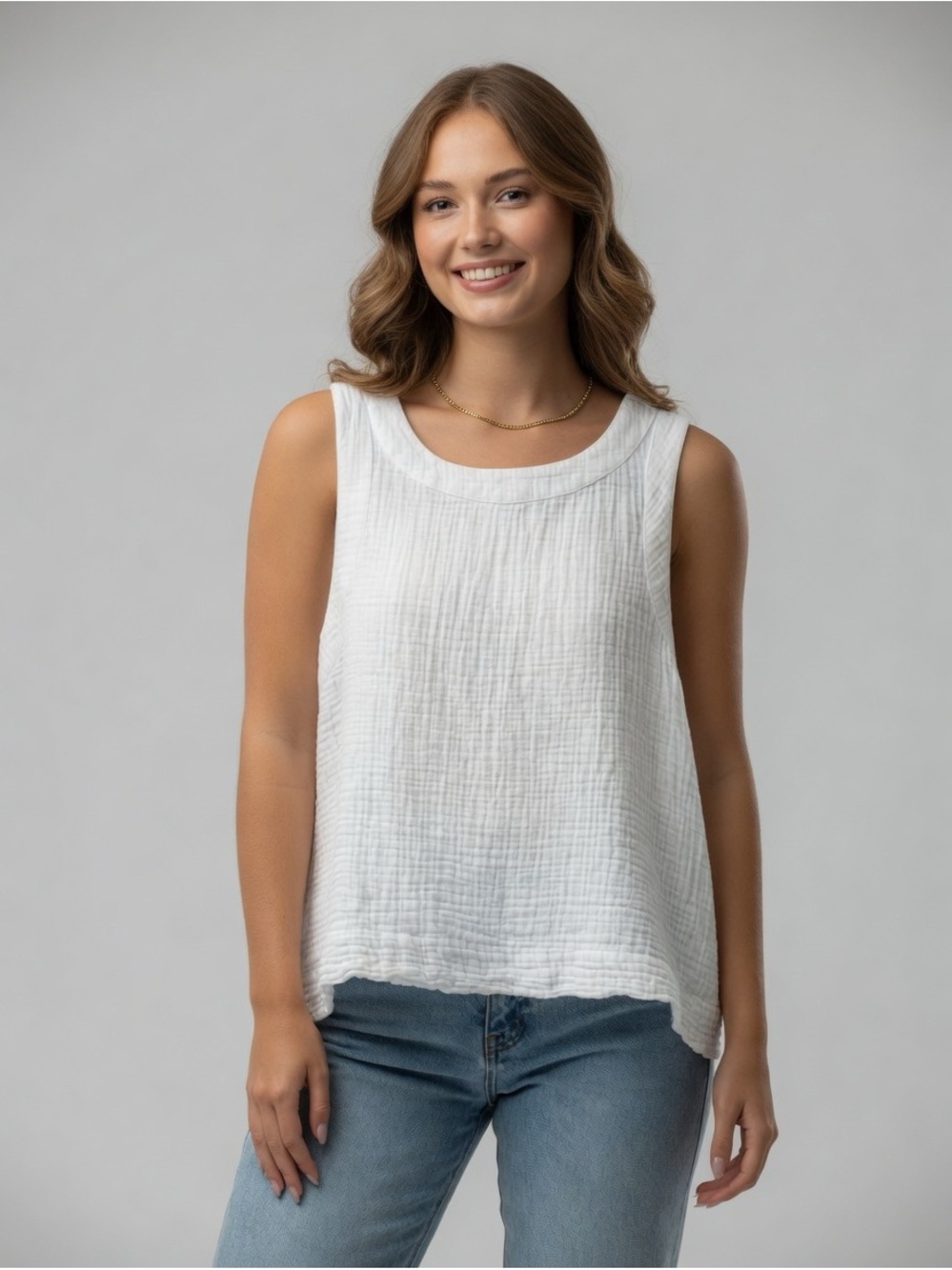 Lou & Grey White Crinkled Cotton Sleeveless Tank Top Size L